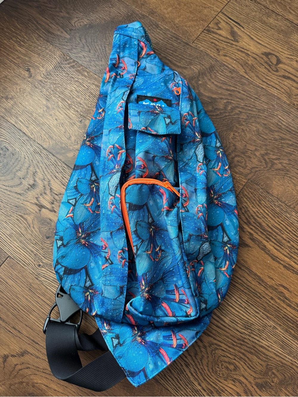 Blue Floral Sling Bag with Orange Trim